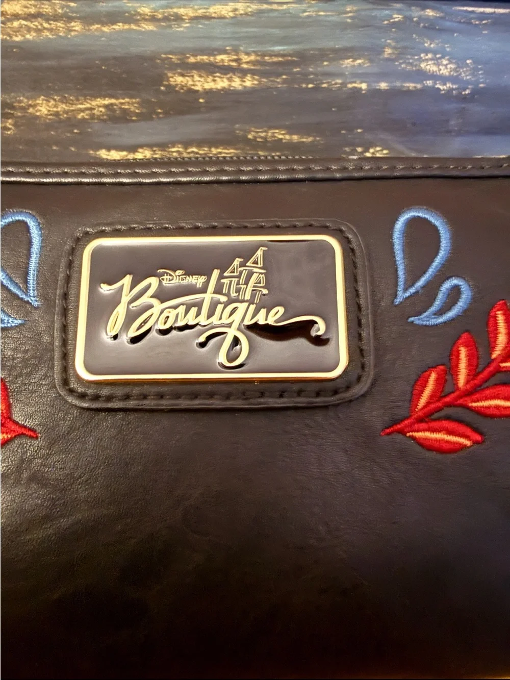 Disney Black Floral Embroidered Zip Wallet with Red and Blue Pom-Pom